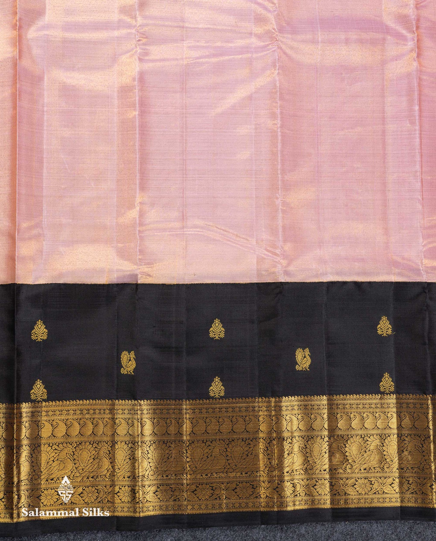 Korvai Beautiful Baby Pink Tissue Bridal Pure Kanjivaram Silk Saree With Contrast Black Traditional Border