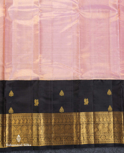 Korvai Beautiful Baby Pink Tissue Bridal Pure Kanjivaram Silk Saree With Contrast Black Traditional Border