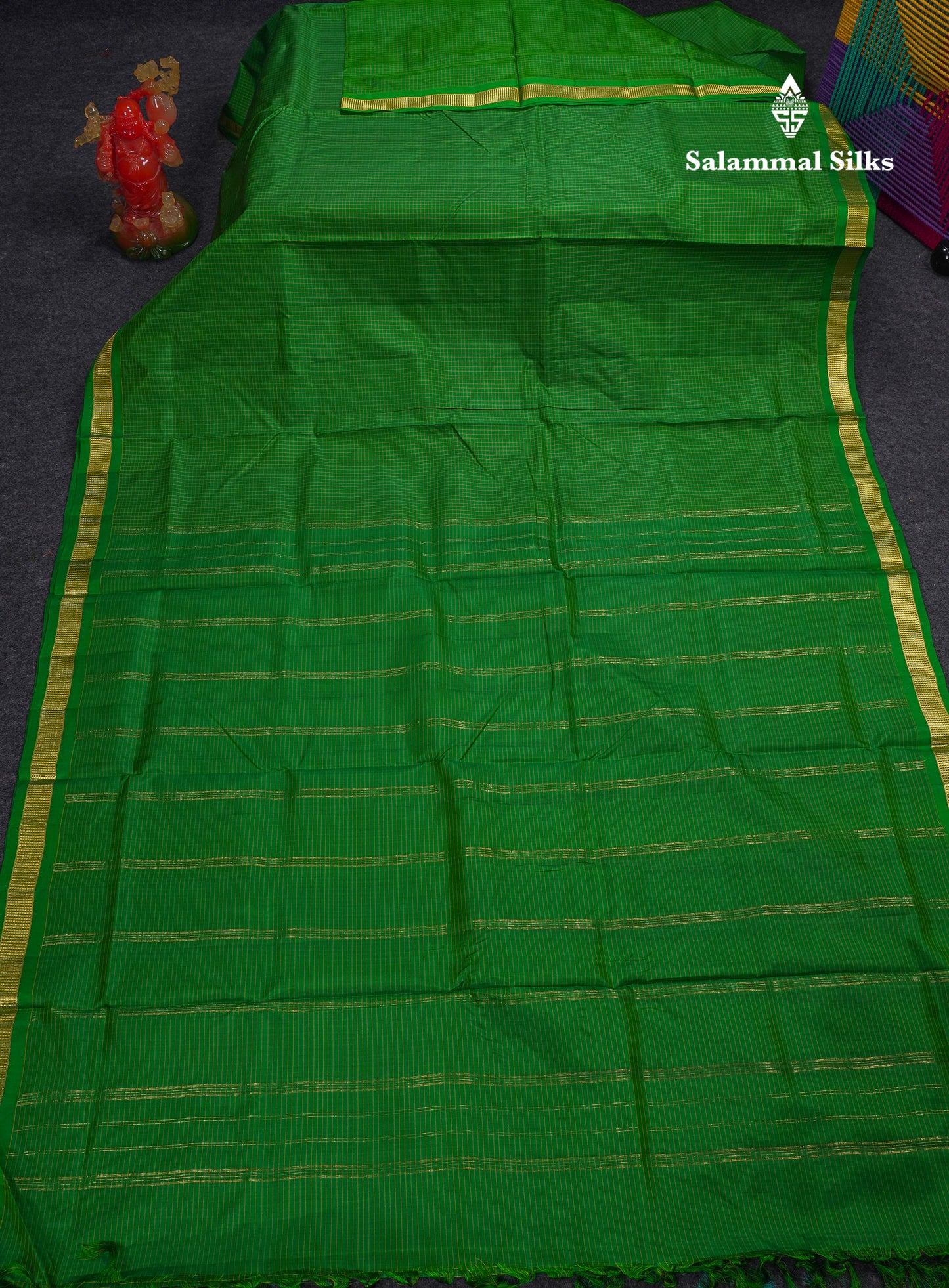 Beautiful 10 Yards Pure Silk Saree Tiny Checks Green with Small Border
