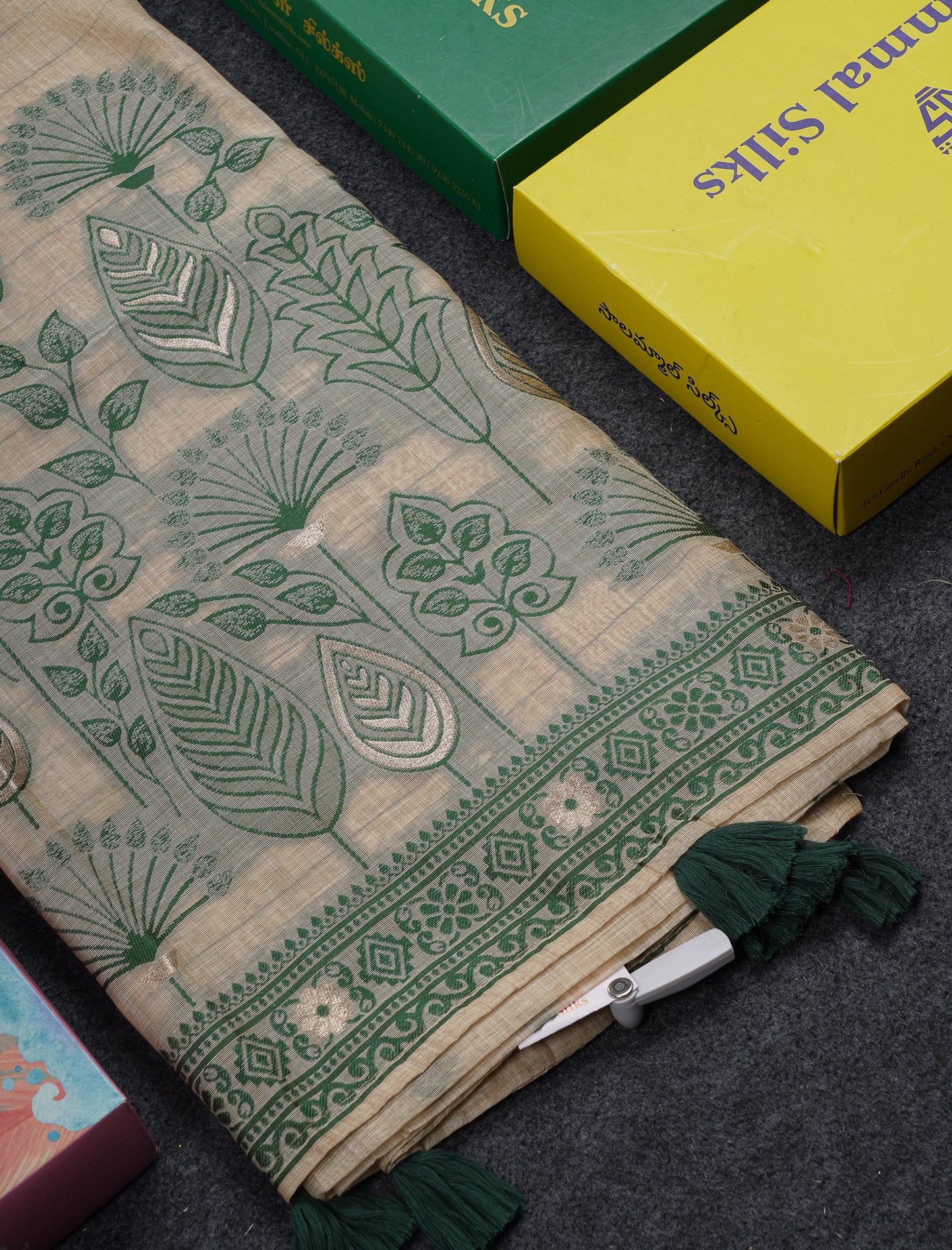 Beautiful Cream Sandal Thread Work Butta Muga Cotton Saree With Contrast Bottle Green Border