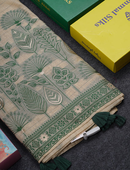 Beautiful Cream Sandal Thread Work Butta Muga Cotton Saree With Contrast Bottle Green Border