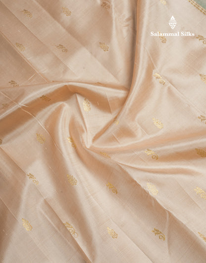 Beige Pure Kanjivaram Silk Saree With Contrast Light Green One Side Border