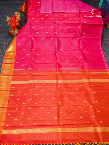 One Side Border Pure Silk Saree - Pink Zari Butta With Contrast Mustard Yellow Traditional Border