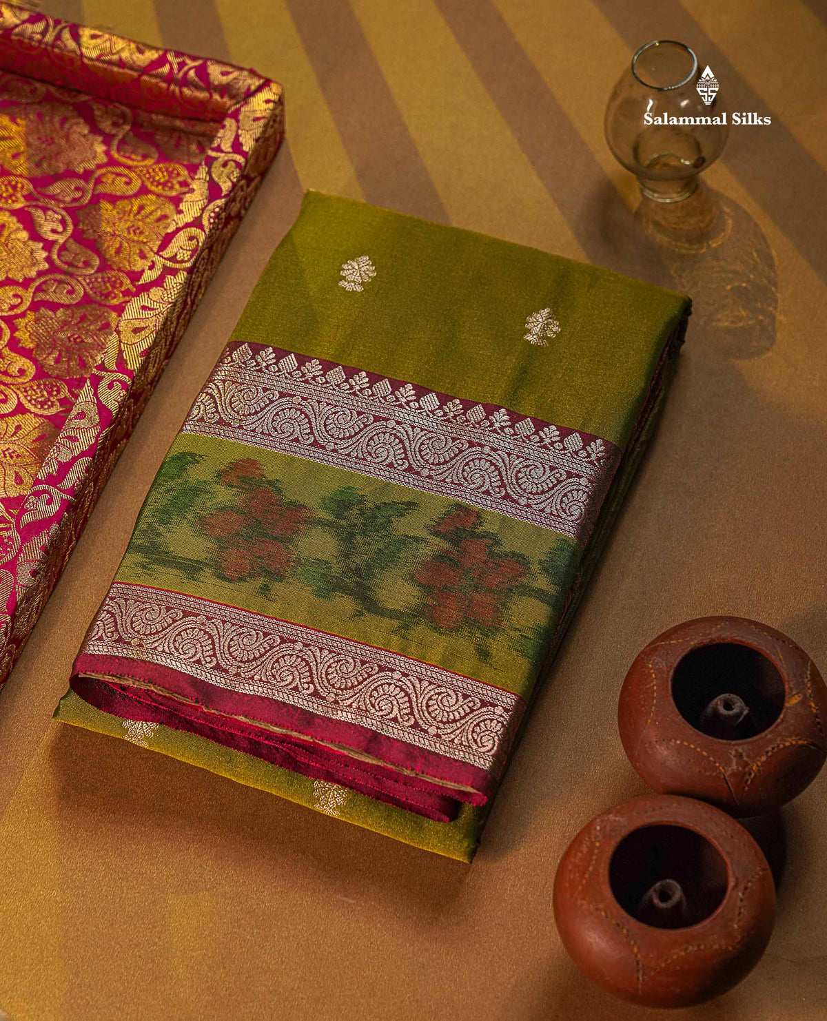 Semi Silk Saree - Olive Green Colour Body Zari Butta With Pochampally Fancy Border