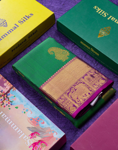 Beautiful Bottle Green Pure Kanjivaram Silk Saree With Contrast Vadamalli Traditional Border