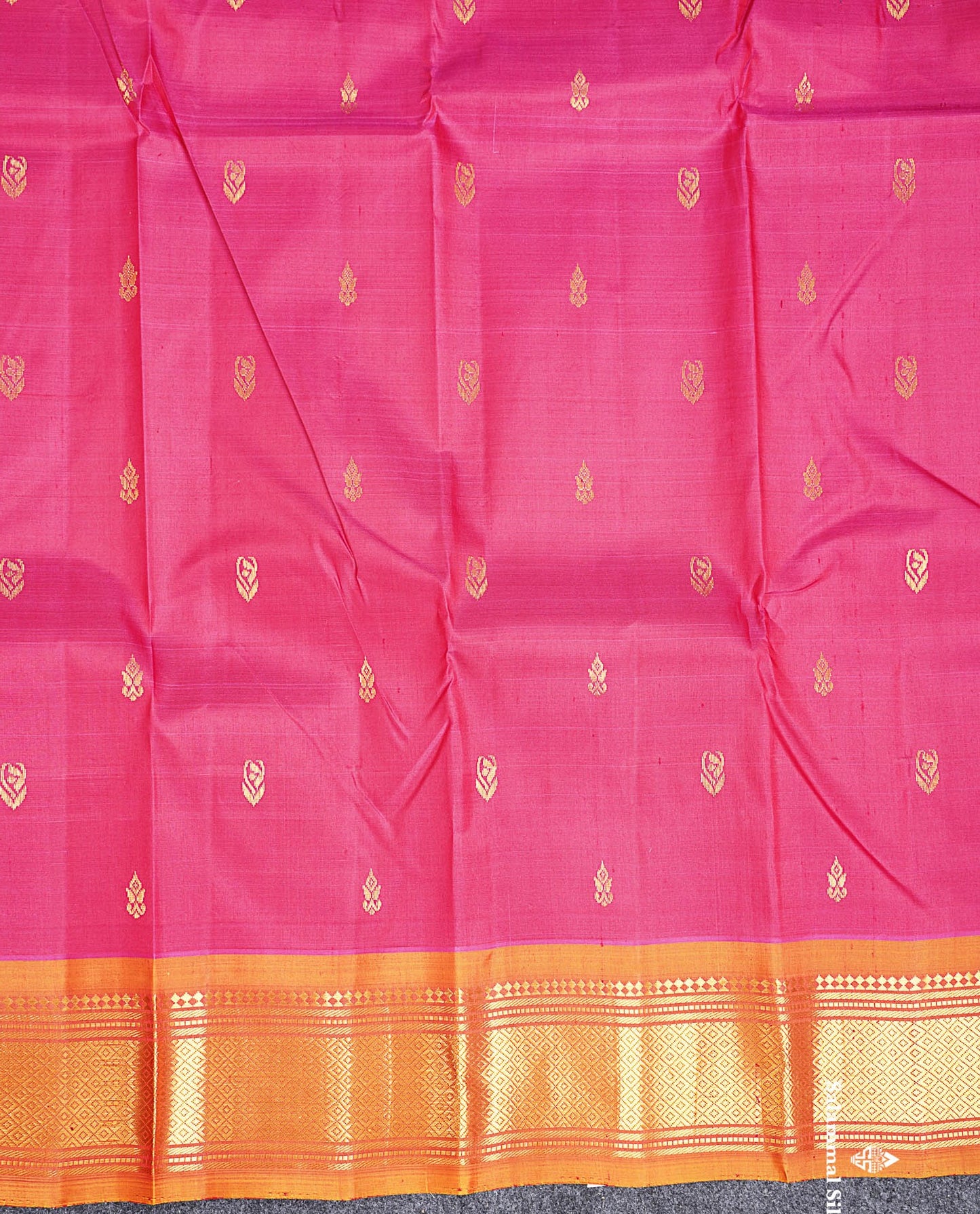 One Side Border Pure Silk Saree - Pink Zari Butta With Contrast Mustard Yellow Traditional Border