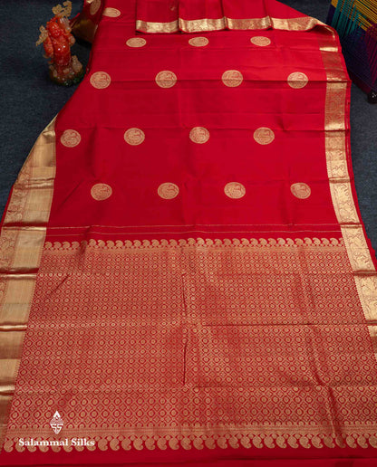 Beautiful Chilly Red Pure Kanjivaram Silk Saree With Traditional Evening Morning Border