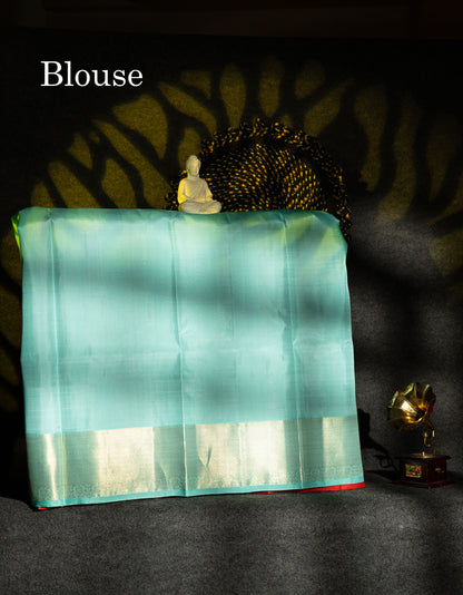 Beautiful Pure Silk Pattu Pavadai (Chilly Red) With Contrast Ice Blue Blouse 45"