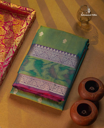 Semi Silk Saree - Olive Green Colour Body Zari Butta With Pochampally Fancy Border