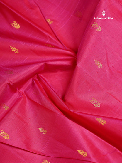 One Side Border Pure Silk Saree - Pink Zari Butta With Contrast Mustard Yellow Traditional Border