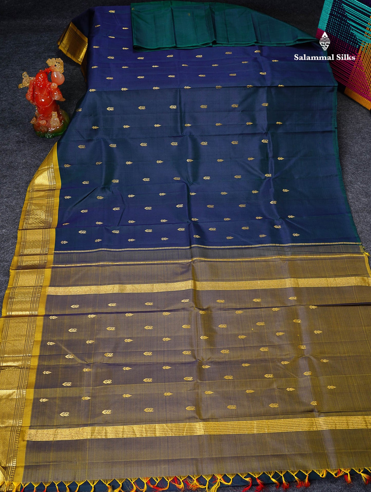 One Side Border Pure Silk Saree - Dual Tone Peacock Blue Zari Butta With Contrast Manthulir Yellow Traditional Border