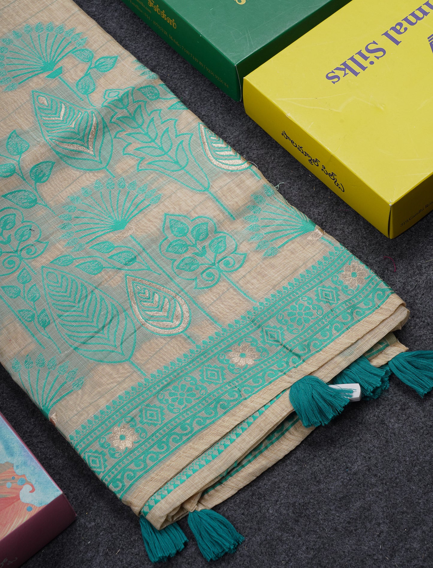 Beautiful Cream Sandal Thread Work Butta Cotton Mix Saree With Contrast Navy Blue Fancy Border