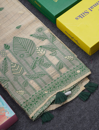Beautiful Cream Sandal Thread Work Butta Muga Cotton Saree With Contrast Bottle Green Border