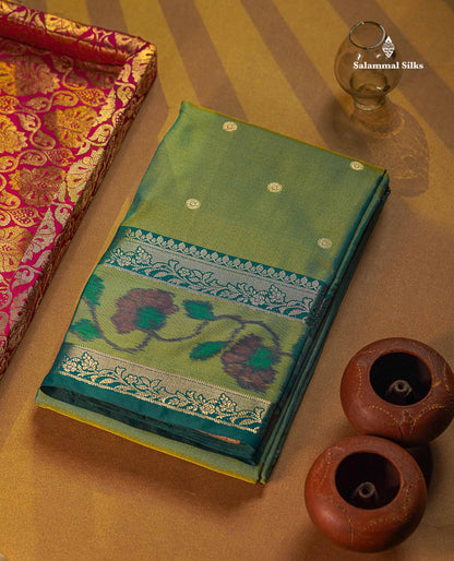 Semi Silk Saree - Olive Green Colour Body Zari Butta With Pochampally Fancy Border