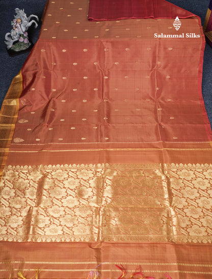 Brown Pure Kanjivaram Silk Saree With One Side Contrast Mustard Yellow Border