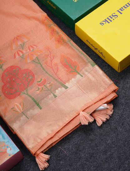 Beautiful Cream Sandal Muga Cotton Saree With Contrast Black Blouse