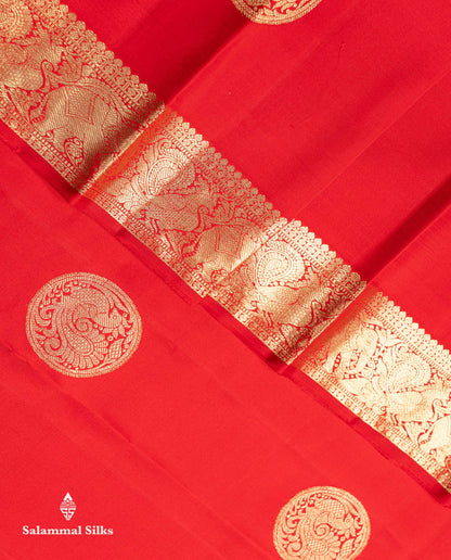 Beautiful Chilly Red Pure Kanjivaram Silk Saree With Traditional Evening Morning Border