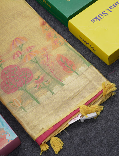 Beautiful Cream Sandal Muga Cotton Saree With Contrast Black Blouse