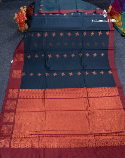 Beautiful Dark Navy Blue Kota Cotton Saree With Contrast Light Maroon Fancy Border