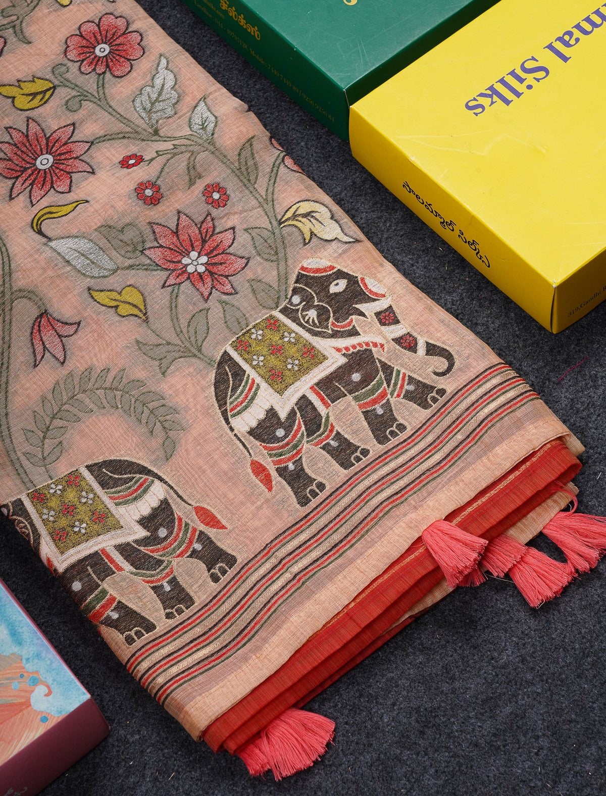 Beautiful Peach Menakari Work  Muga Cotton Saree With Contrast Chilly Red Blouse