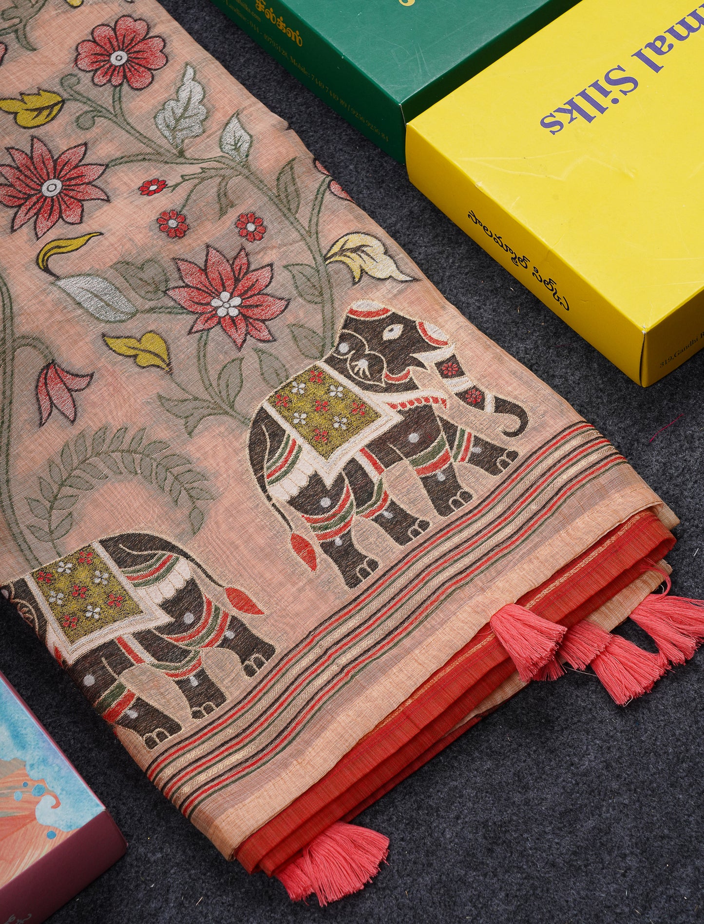 Beautiful Peach Menakari Work  Muga Cotton Saree With Contrast Chilly Red Blouse