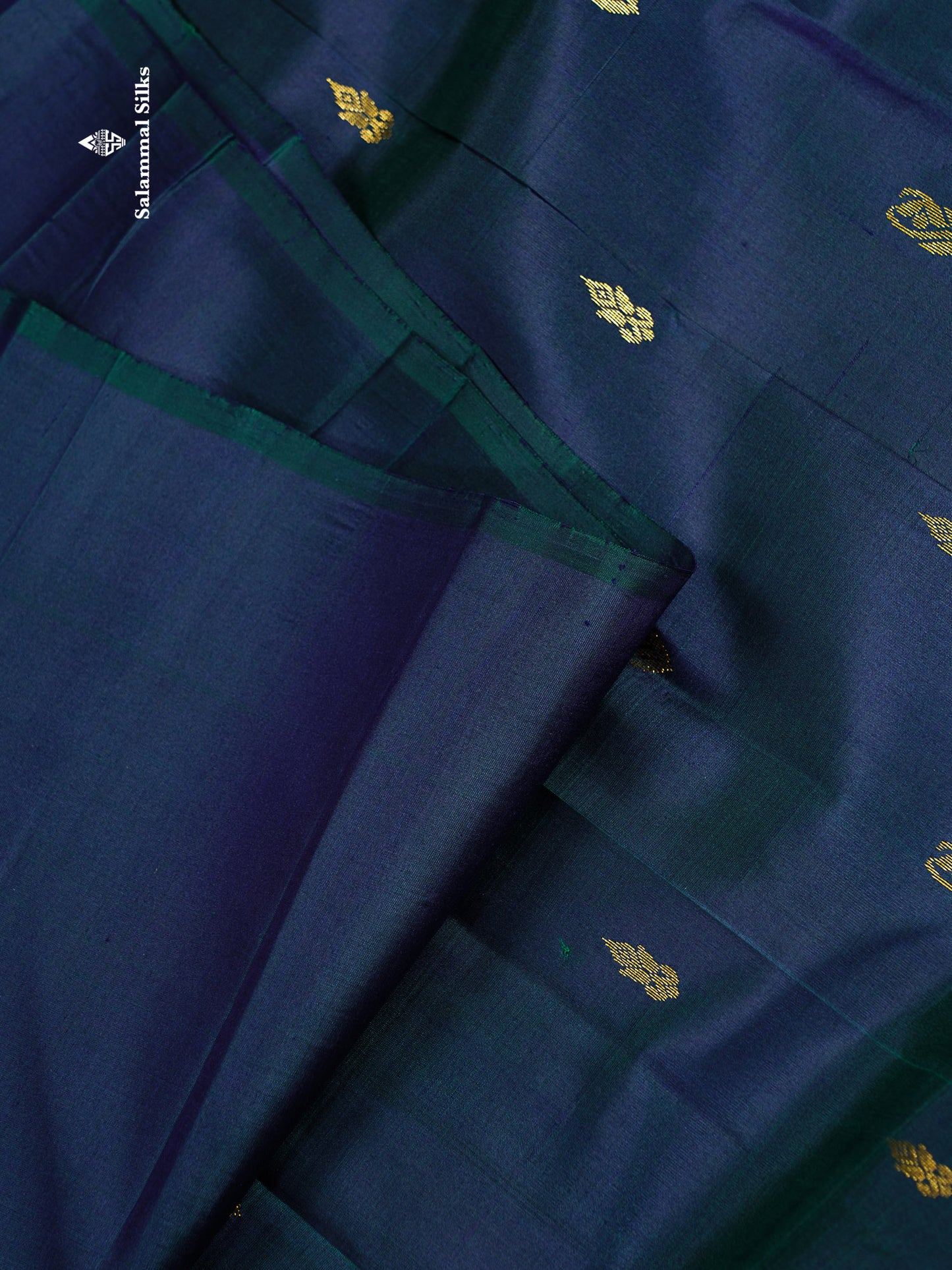 One Side Border Pure Silk Saree - Dual Tone Peacock Blue Zari Butta With Contrast Manthulir Yellow Traditional Border