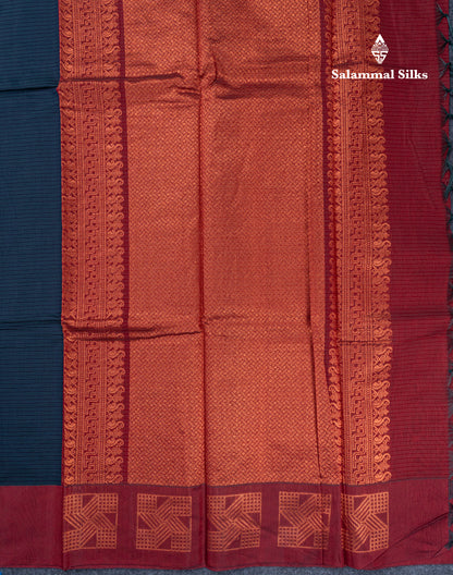 Beautiful Dark Navy Blue Kota Cotton Saree With Contrast Light Maroon Fancy Border