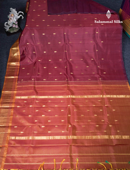 Dark Maroon Pure Kanjivaram Silk Saree With Contrast Mustard Yellow One Side Border