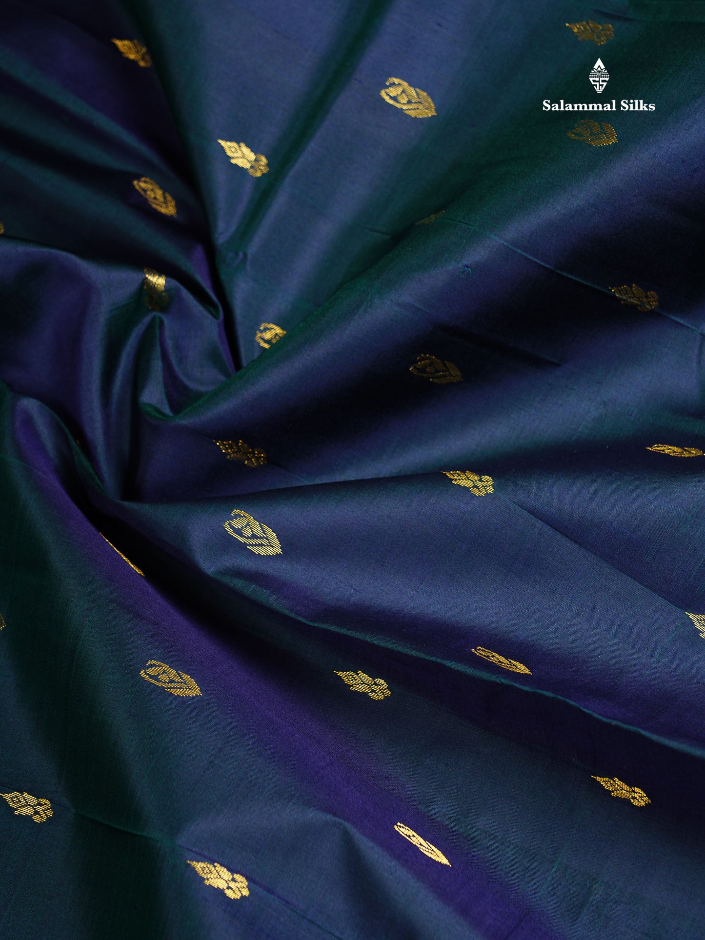 One Side Border Pure Silk Saree - Dual Tone Peacock Blue Zari Butta With Contrast Manthulir Yellow Traditional Border