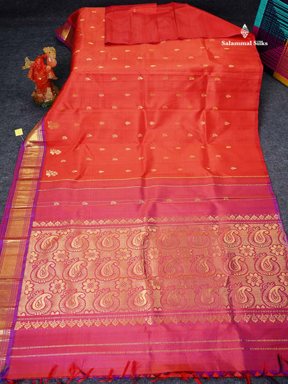 One Side Border Pure Silk Saree - Dual Tone Orange Zari Butta With Contrast Purple Traditional Border