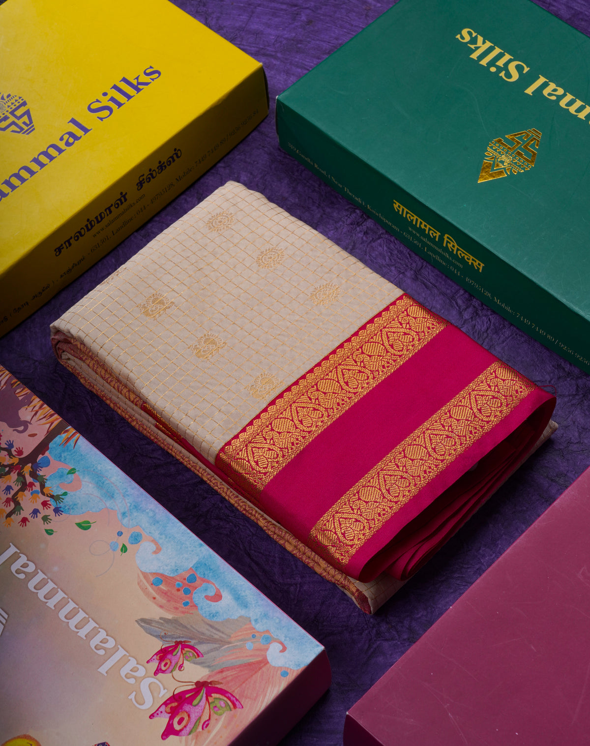 Beautiful Cream Sandal Small Checks With Butta Semi Silk Saree With Contrast Pink Rettapet Traditional Border