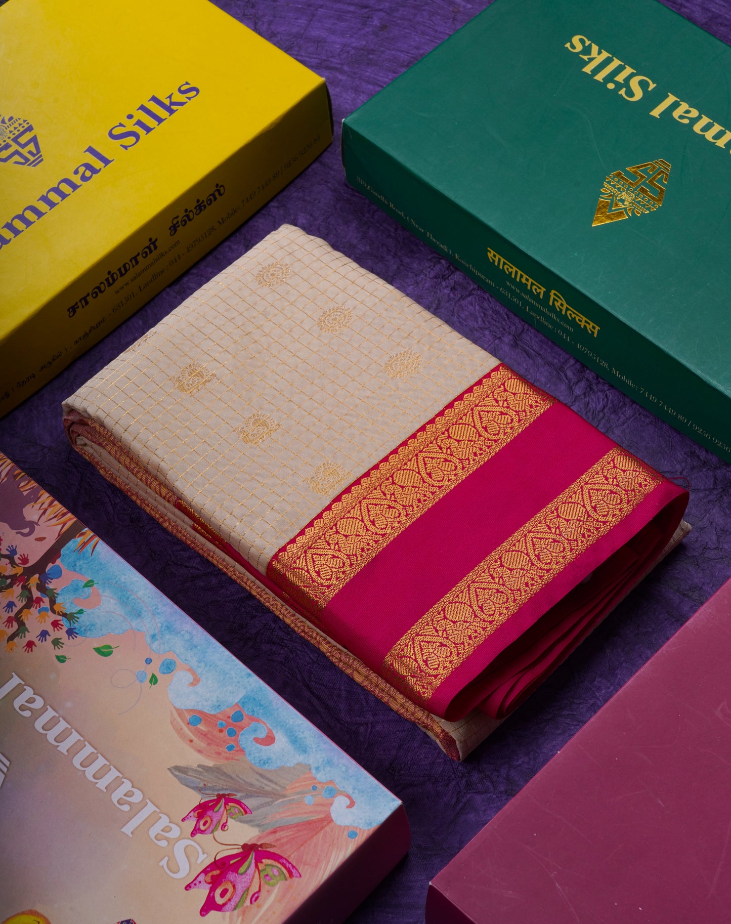 Beautiful Cream Sandal Small Checks With Butta Semi Silk Saree With Contrast Pink Rettapet Traditional Border