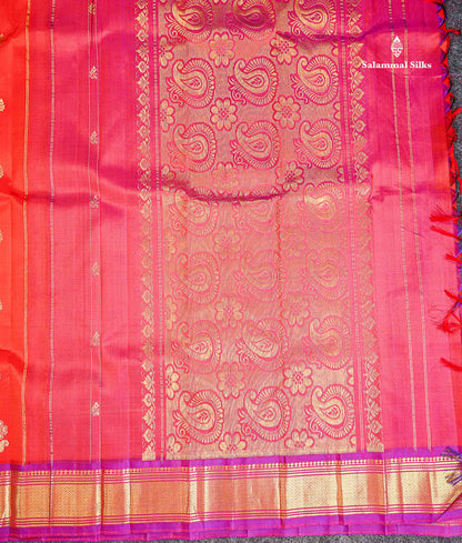 One Side Border Pure Silk Saree - Dual Tone Orange Zari Butta With Contrast Purple Traditional Border