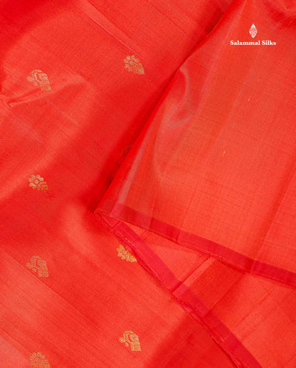One Side Border Pure Silk Saree - Dual Tone Orange Zari Butta With Contrast Purple Traditional Border