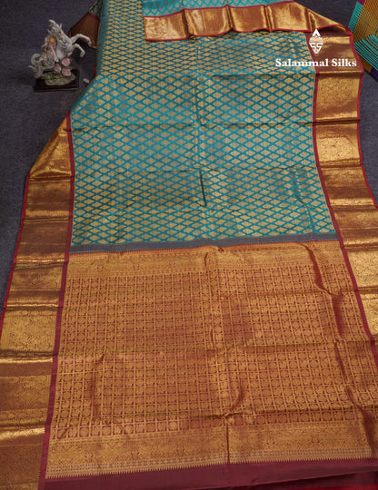 Ramar Blue Beautiful Bridal Pure Kanjivaram Silk Saree With Maroon Border