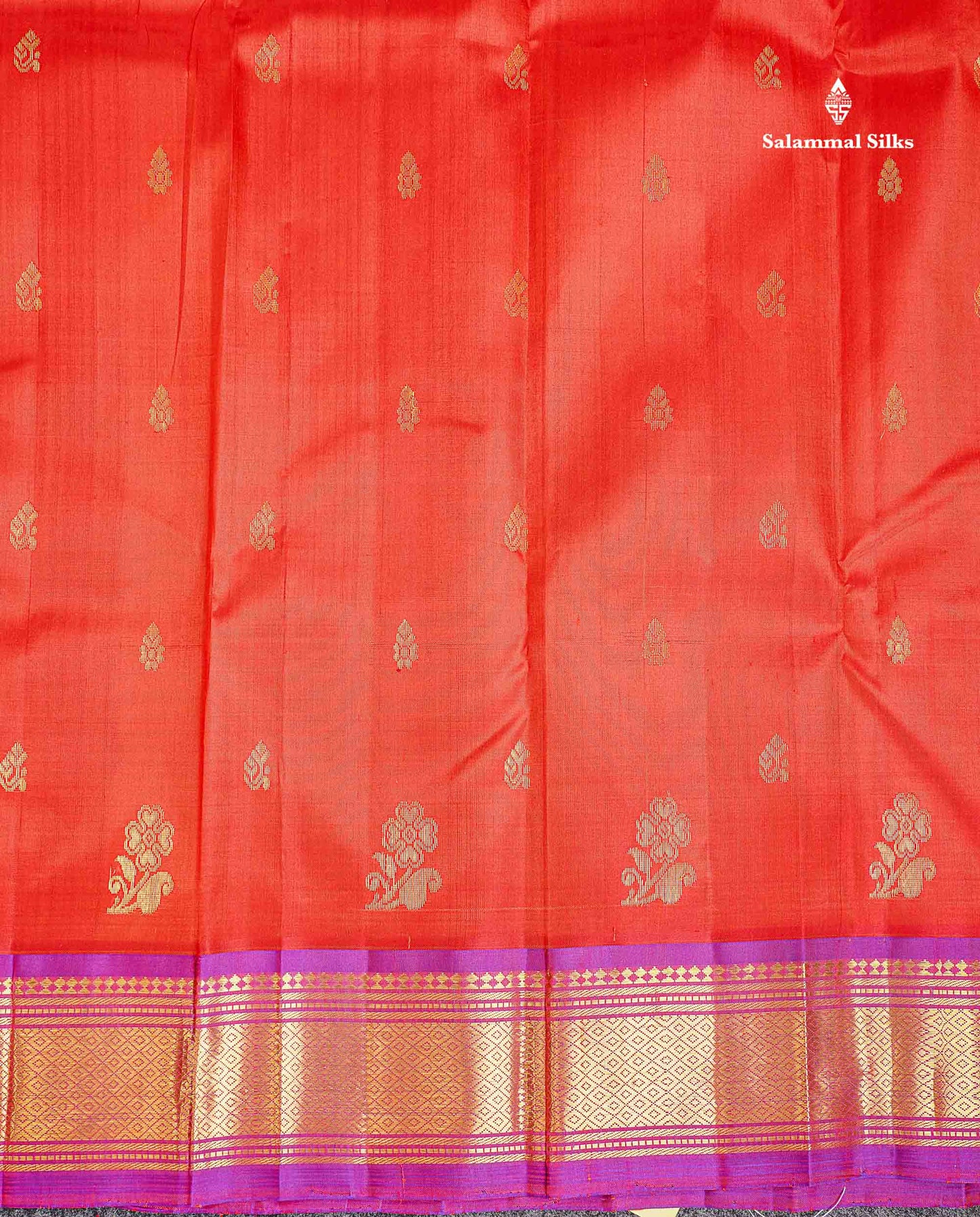 One Side Border Pure Silk Saree - Dual Tone Orange Zari Butta With Contrast Purple Traditional Border