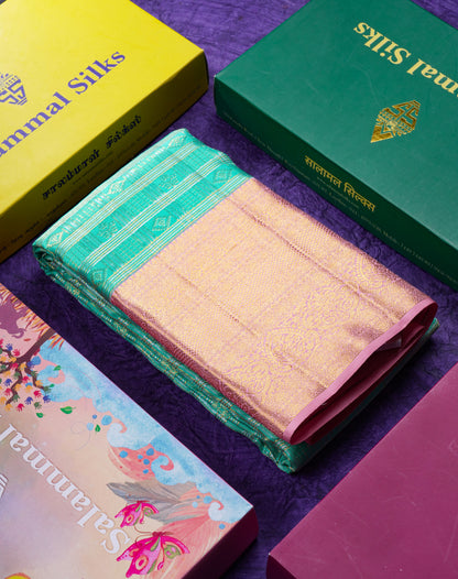 Beautiful Sea Green Bridal 2G Pure Kanjivaram Silk Saree With Contrast Baby Pink Evening Morning Border