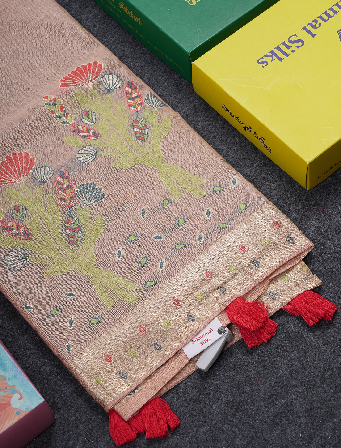 Beautiful Light Lavender Menakari Work Butta Muga Cotton Saree With Contrast Peacock Green Blouse