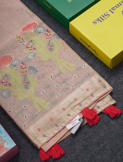Beautiful Light Lavender Menakari Work Butta Muga Cotton Saree With Contrast Peacock Green Blouse
