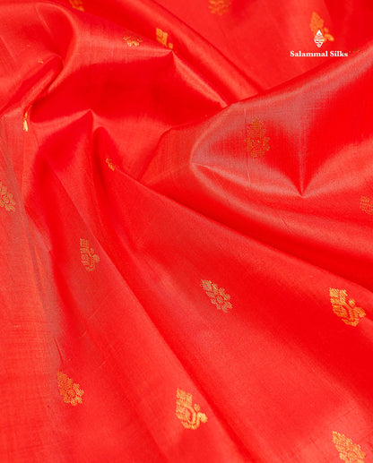 One Side Border Pure Silk Saree - Dual Tone Orange Zari Butta With Contrast Purple Traditional Border