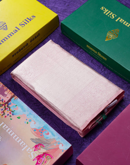Beautiful Baby Pink Pure Kanjivaram Silk Saree With Contrast Sapphire Green Blouse