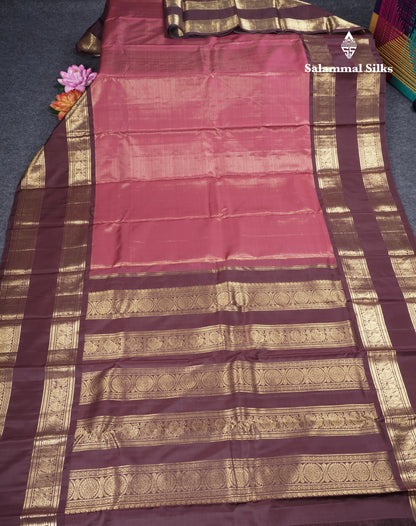 Pinkish Maroon Vairaoosi Lines Pure Kanjivaram Silk Saree With Contrast Dark Brown Traditional Rettapet Border