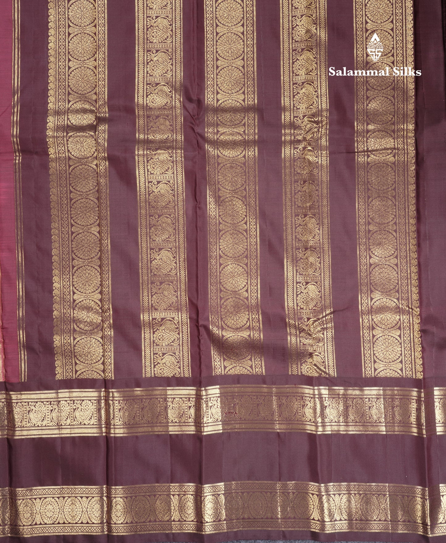 Pinkish Maroon Vairaoosi Lines Pure Kanjivaram Silk Saree With Contrast Dark Brown Traditional Rettapet Border