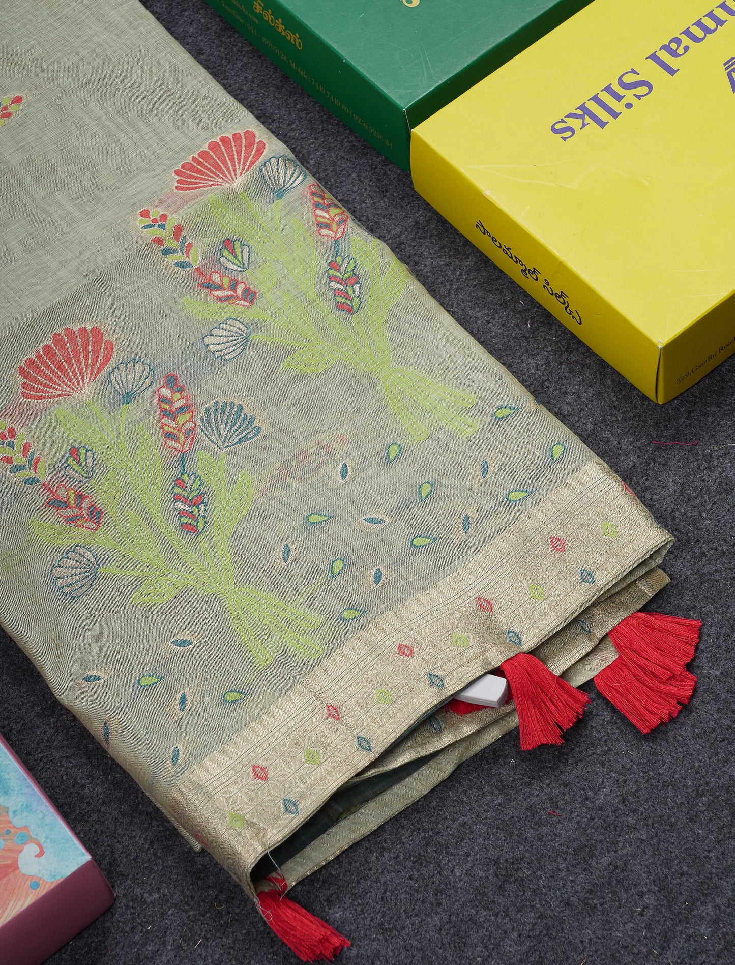 Beautiful Light Lavender Menakari Work Butta Muga Cotton Saree With Contrast Peacock Green Blouse