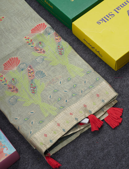 Beautiful Light Lavender Menakari Work Butta Muga Cotton Saree With Contrast Peacock Green Blouse