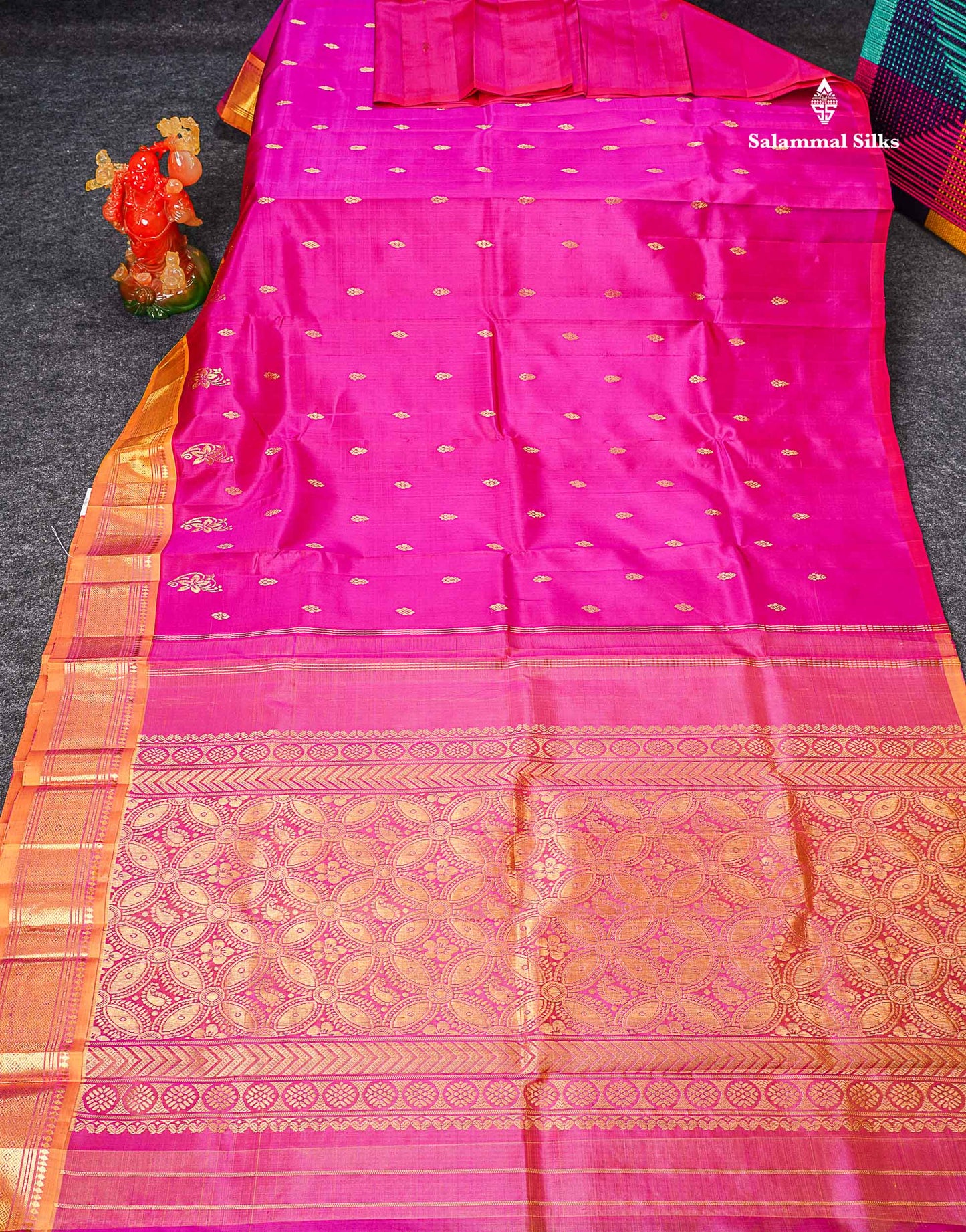 One Side Border Pure Silk Saree - Dual Tone Pink Zari Butta With Contrast Mustard Yellow Traditional Border