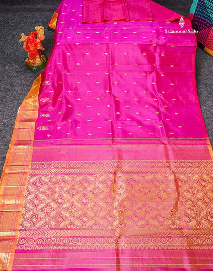 One Side Border Pure Silk Saree - Dual Tone Pink Zari Butta With Contrast Mustard Yellow Traditional Border