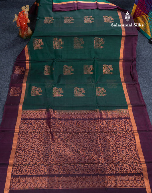 Bottle Green SICO Cotton Saree With Contrast Magenta Blouse