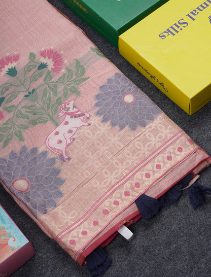 Beautiful Dark Peach Muga Cotton Saree With Contrast Pink Blouse