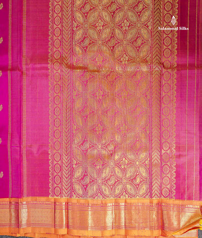One Side Border Pure Silk Saree - Dual Tone Pink Zari Butta With Contrast Mustard Yellow Traditional Border
